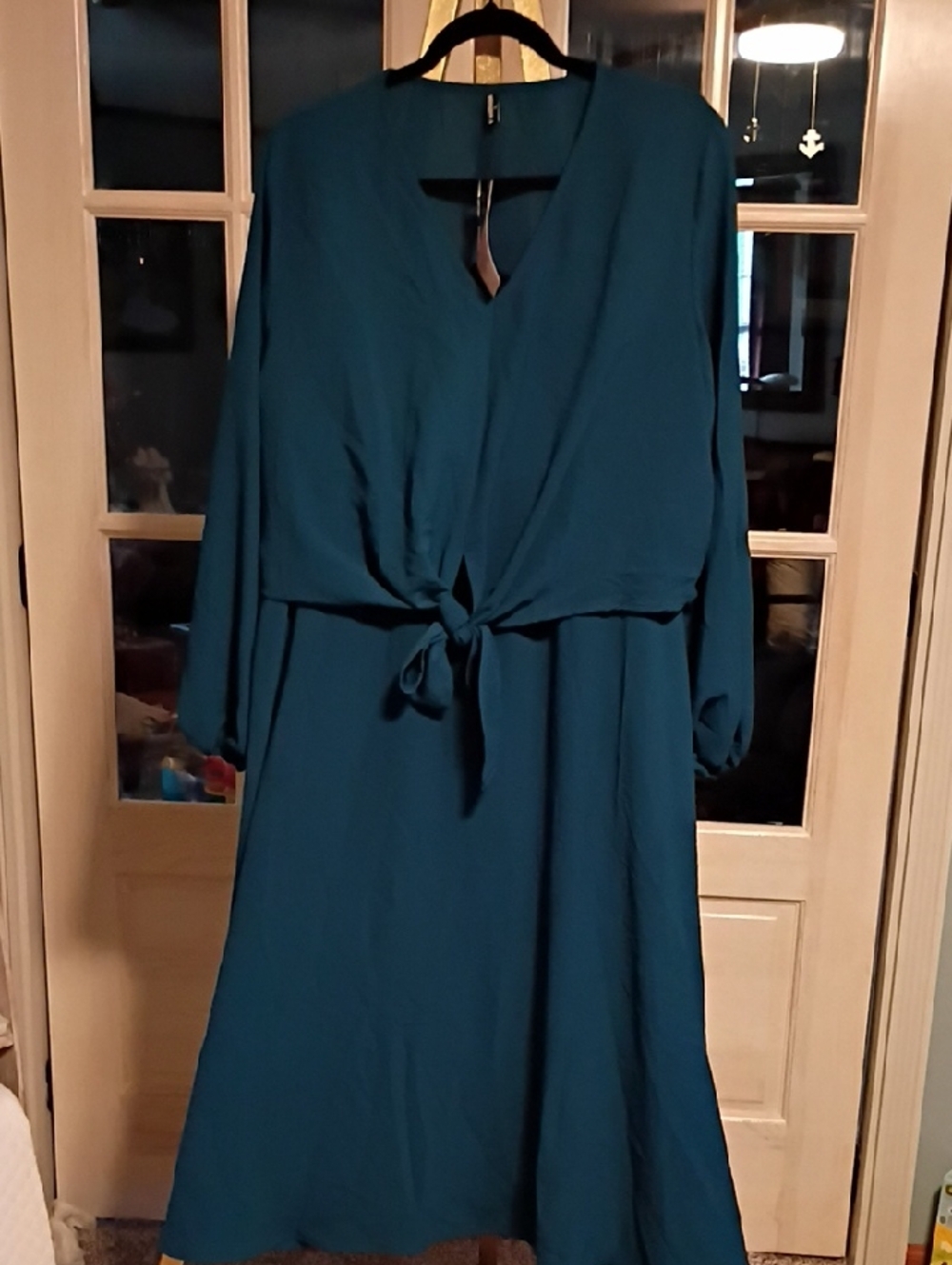 Teal Tie-Front Long Sleeve Women's Blouse And Skirt